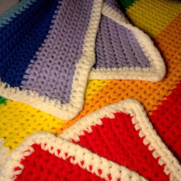 Handmade Crochet Rainbow Afghan White Border Chunky Small Blanket 52x64 - Picture 9 of 9